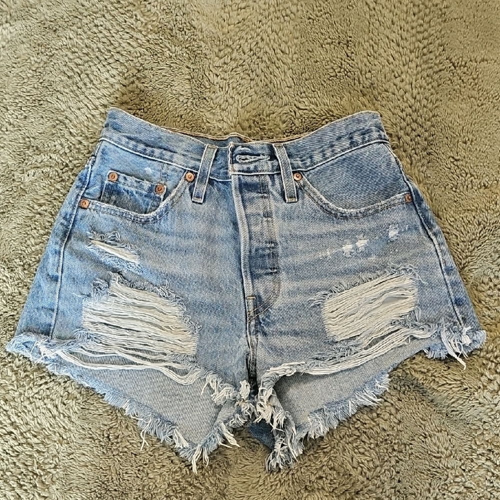 Levi's Light Blue Distressed High-Waist Denim Shorts
